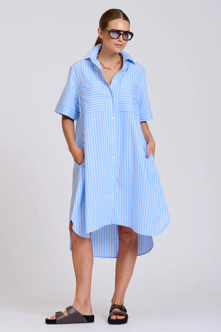 Shirty The Evie Short Sleeve Shirtdress - Double Light Blue Stripe
