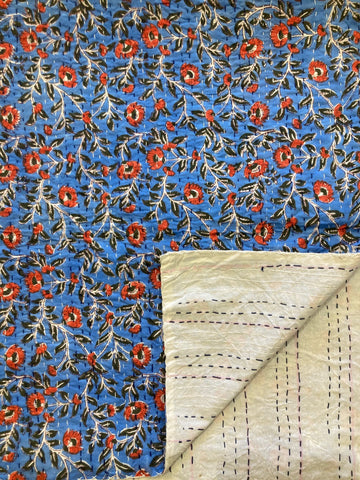 Kantha Quilt (Large) - Blue & Red Poppies