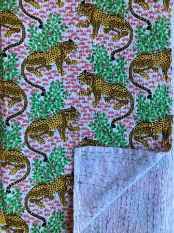 Kantha Quilt (Large) - Pink Leopard